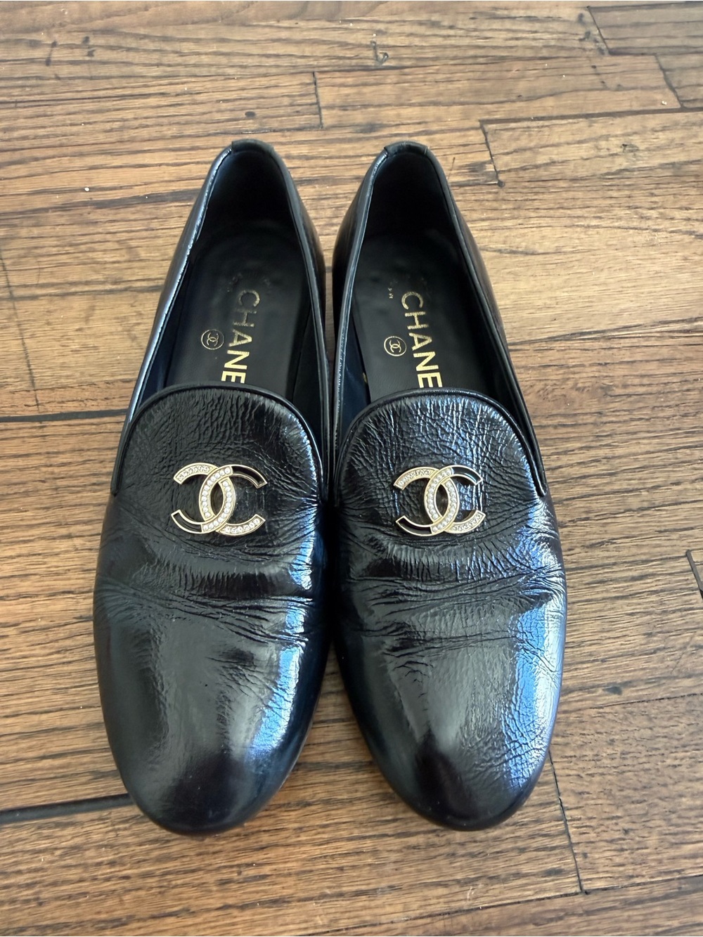 VINTAGE CHANEL Black Patent Leather CC Logo Slip-On Loafers